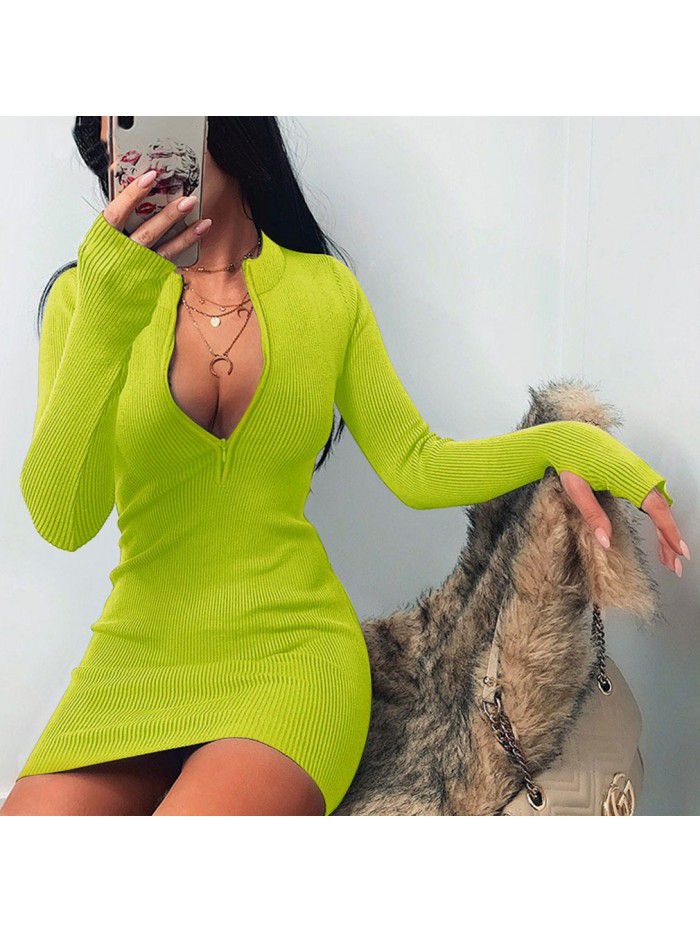 Autumn/Winter Trend Women's Long Sleeve Dress Versatile Neckline Zipper Sexy Slim Fit Wrap Hip Dress 