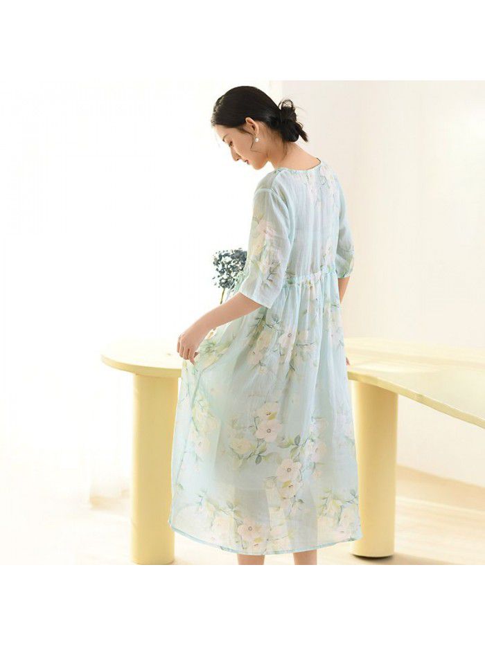 Cotton and linen women's clothing=new summer ramie printed dress for women with a slim V-neck and a retro Chinese long skirt 