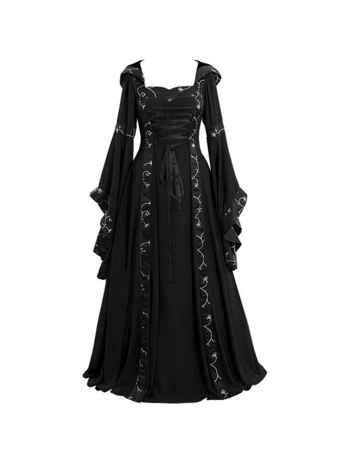 Retro Dress Square Neck Lace up Waist Flare Sleeve Halloween Dress 