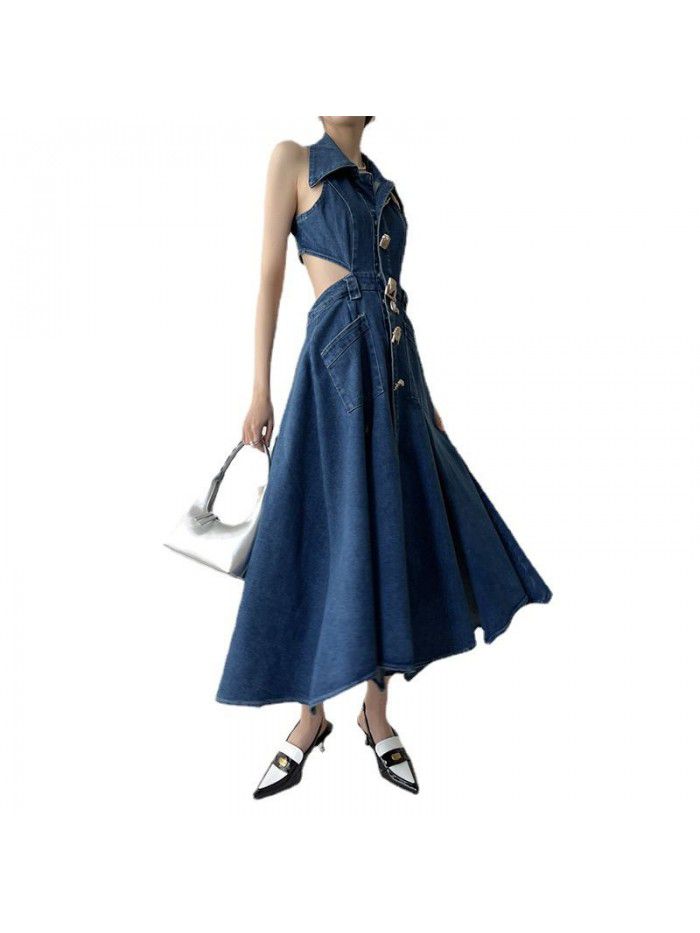 Denim Blue Hollow Open Waist Dress Women's Spring/Summer Slim Fit Side Waist High Split Style Dress 