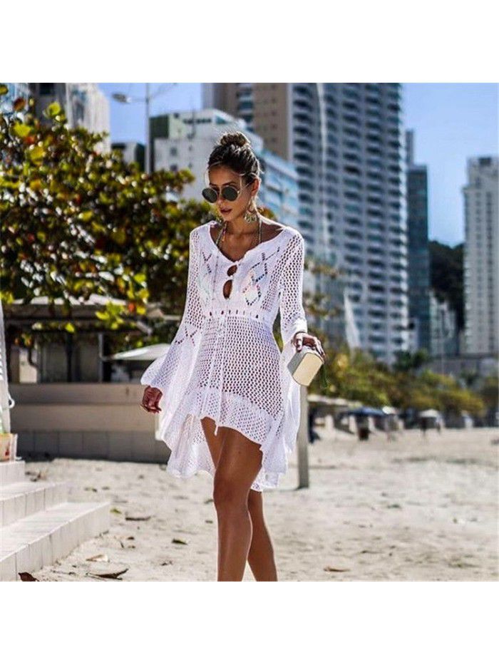 Women's Irregular Deep V Sexy Flare Sleeve Hollow out Woven Beach Cover Dress 