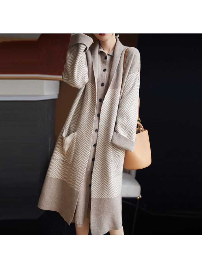 Winter wool coat buttonless four flat thickened women's lapel loose jacquard jacket long cardigan