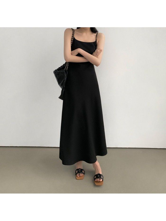 Black French suspender dress for women's new minimalist style diagonal cut long skirt 