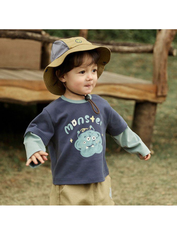 Autumn New Product Boys' T-shirt Children's Fake Two Piece Long Sleeve Inner Collar Colored Print Top Fashion 