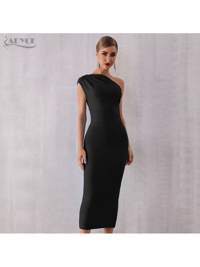 Fashionable and Elegant Women's One Shoulder Bandage Dress Sexy Sleeveless Tight Sky Blue Evening Dress 