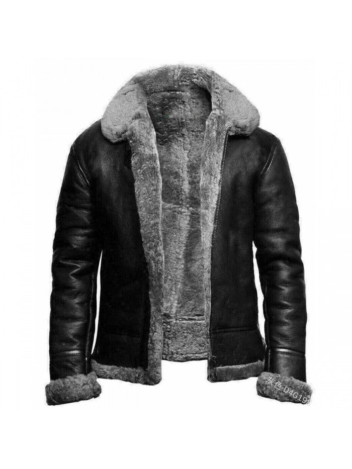 Faux leather winter jacket with integrated fur collar, medium length men's coat, heavy industry new product, zipper fur edge coat 