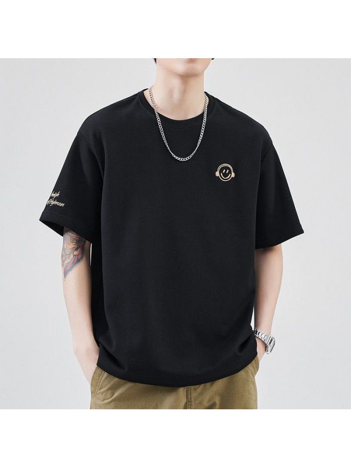 Summer New Embroidery Small Icon Short Sleeve T-shirt for Men's Loose Fashion Versatile Wear 