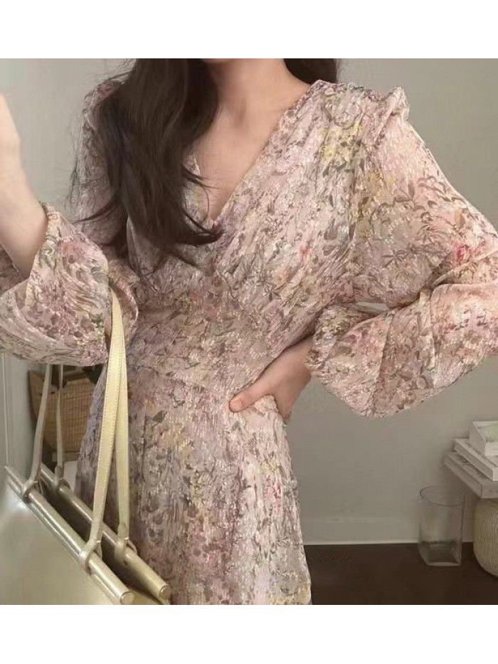 Autumn New Style Gentle and Solid Fairy Fragmented V-neck Chiffon Dress Long Dress 