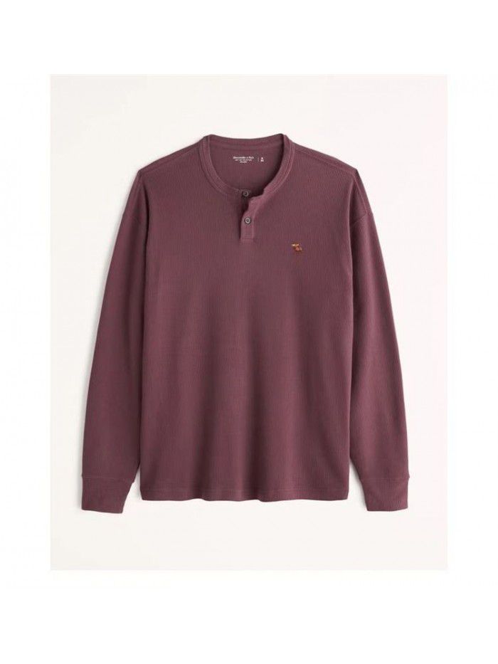 Spring and Autumn Men's Long Sleeve T-shirt with Henry Neck Cotton Slim Fit American Casual Bottom Youth Top 