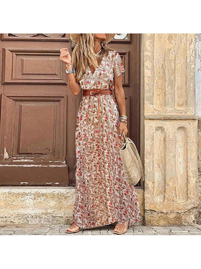 Bohemian style waistband printed long dress dress 