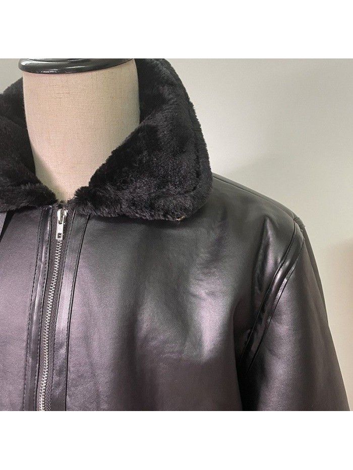 Faux leather winter jacket with integrated fur collar, medium length men's coat, heavy industry new product, zipper fur edge coat 