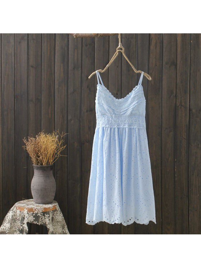 Small fresh seaside resort v-neck waist beach skirt fairy temperament cotton lace open back suspender dress 