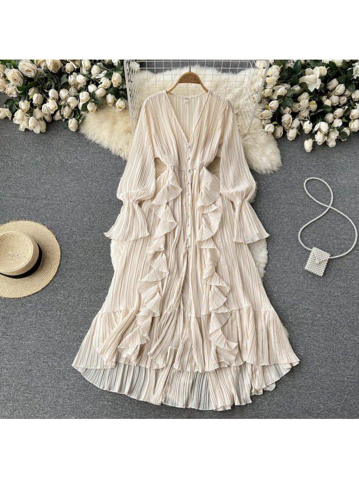 Fashionable and Sexy Solid V-Neck Ruffled Flare Sleeves to hem Dress 