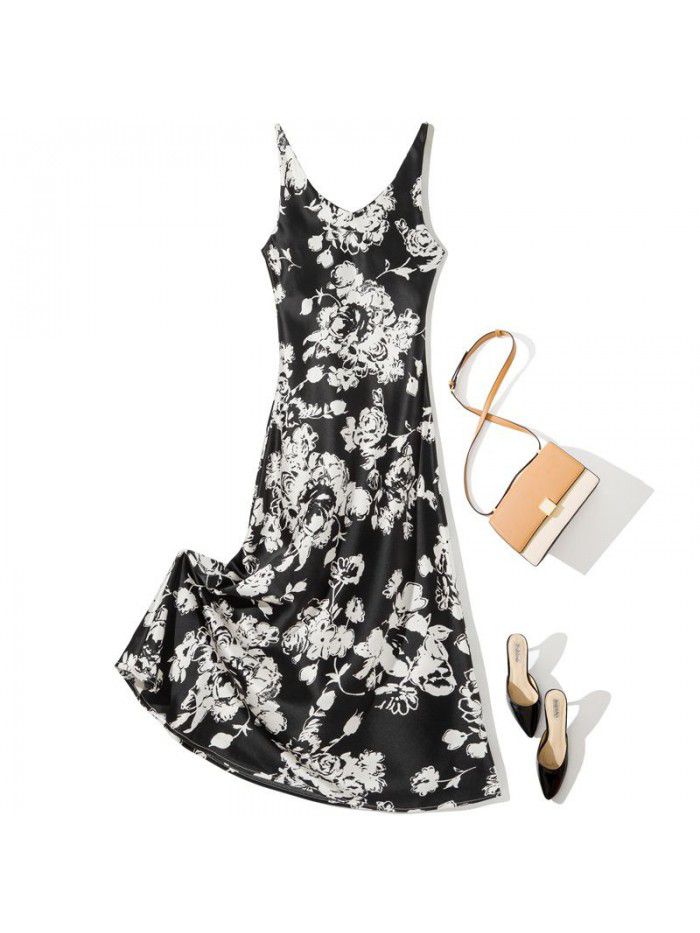 Autumn New Fashion Strap Printing Temperament Slim Fit Acetic Acid Women's Sleeveless Dress 