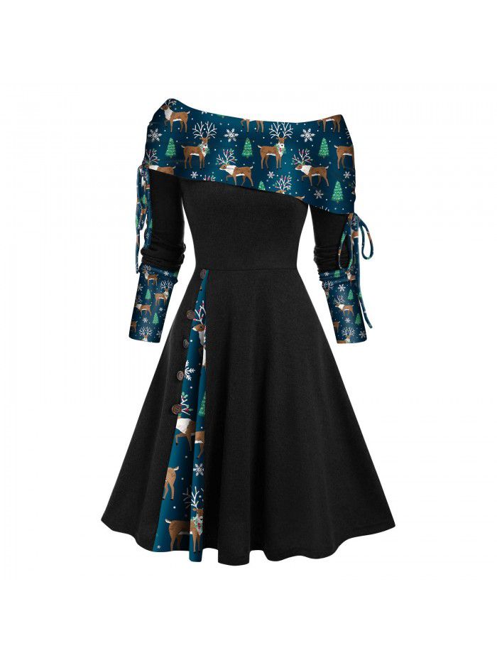 Women's autumn and winter new long-sleeved one-shoulder solid color printed patchwork button dress 