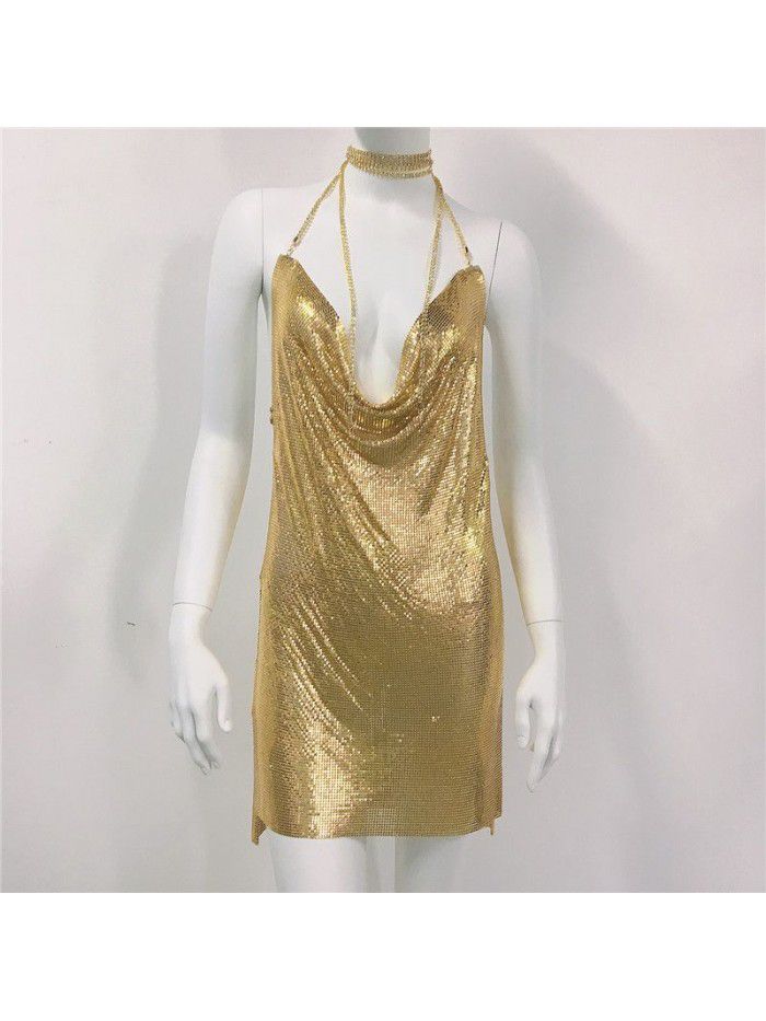 Women's Metal Sequin Dress Sexy Sweet Spicy Style Dress Water Diamond Sling Dress Women 