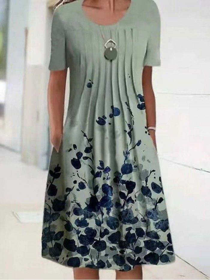 Summer New Women's Foreign Trade Round Neck Long Dress Flower Print Dress Women 