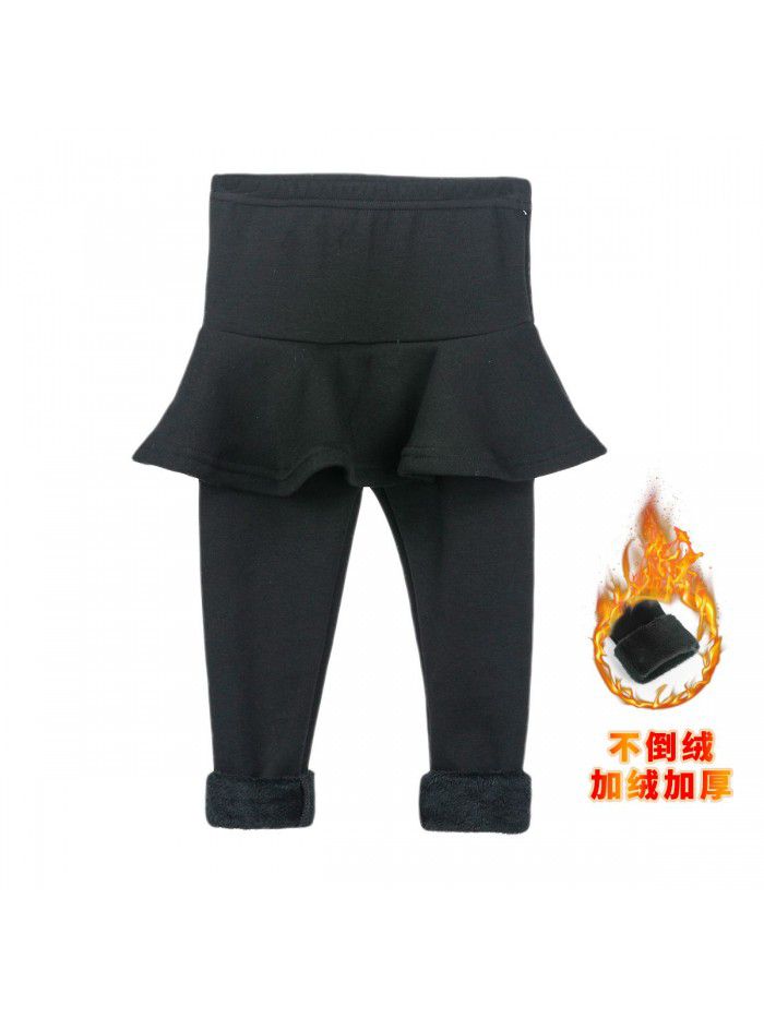 Fake two-piece leggings girls' skirt pants wear plush thickened children's thermal insulation trousers cotton in winter 