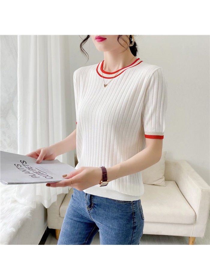 Ice hemp short sleeved t-shirt for women in summer, new women's color matching, thin and fashionable, slimming, ice silk base knit shirt for women 