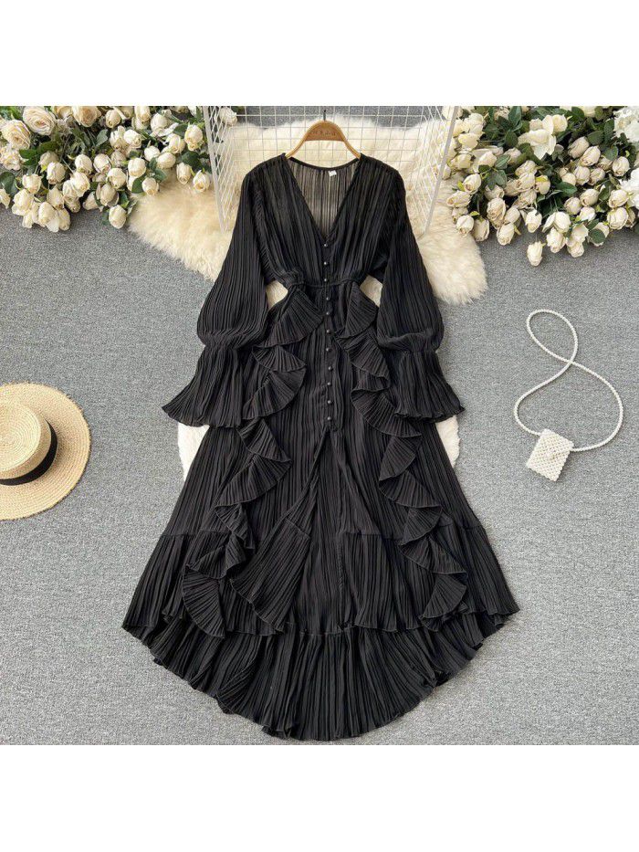 Fashionable and Sexy Solid V-Neck Ruffled Flare Sleeves to hem Dress 