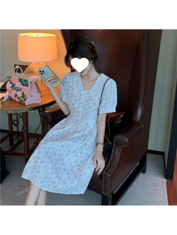Fragmented Flower Dress Mid length Summer New Style Slim Short Sleeve French Small Dress 