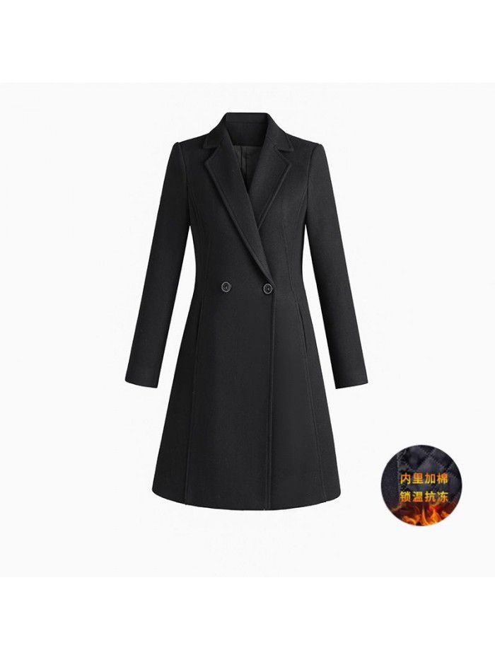 High end woolen coat, women's mid length winter thick cotton jacket, suit jacket