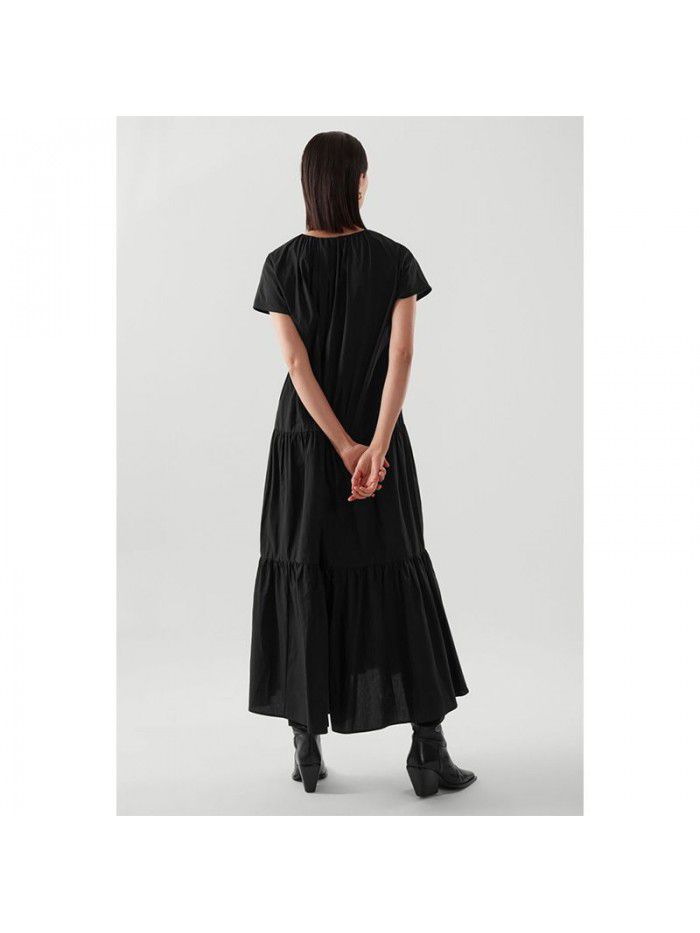 Summer New Round Neck Sleeveless Dress Two Color Pleated Pure Cotton Loose Mid length Cake Dress 