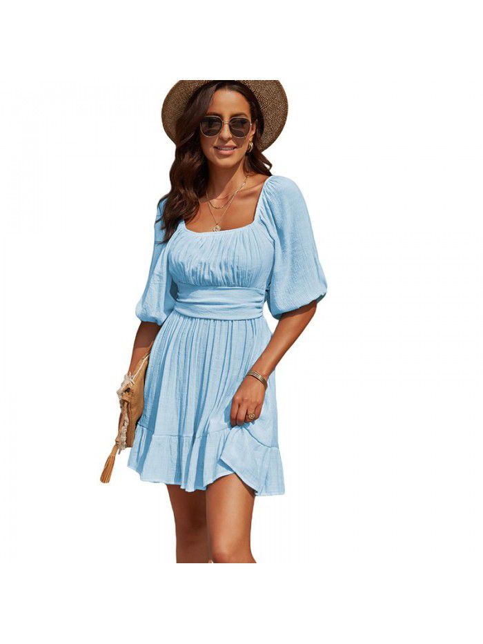 Dress Women's New Summer Off Shoulder Solid Color Lacing Ruffle Sleeves Casual Dress Women