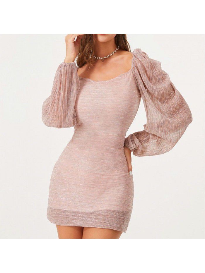 Bubble Sleeve Square Neck French Long Sleeve Slide Silk Celebrity Metal Wrap Hip Dress 