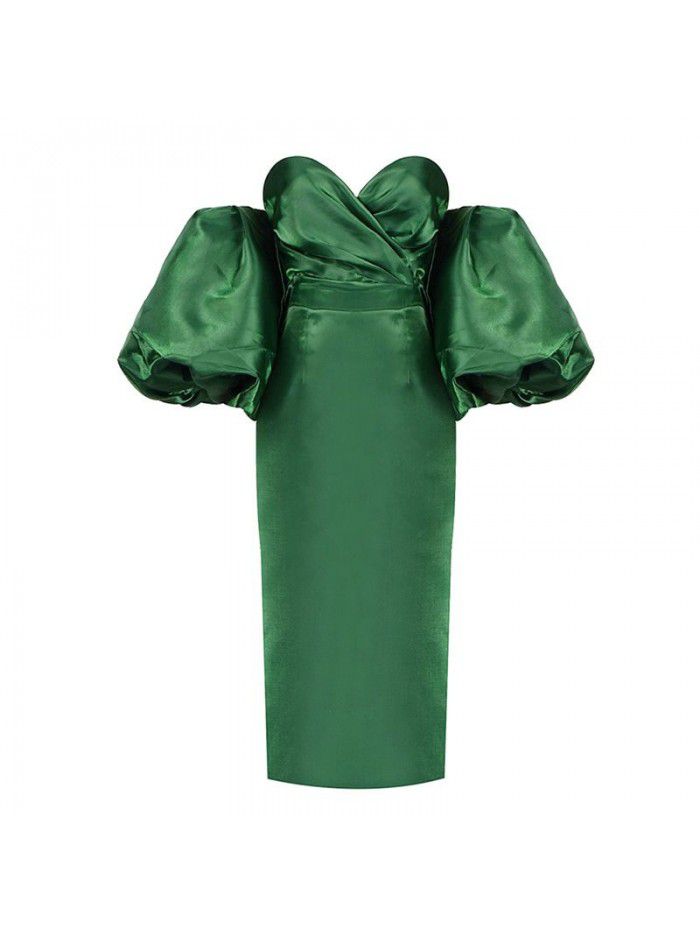 Autumn Women's Solid Color Wrapped Chest High Waist Lantern Sleeve Mid length Dress Dress 