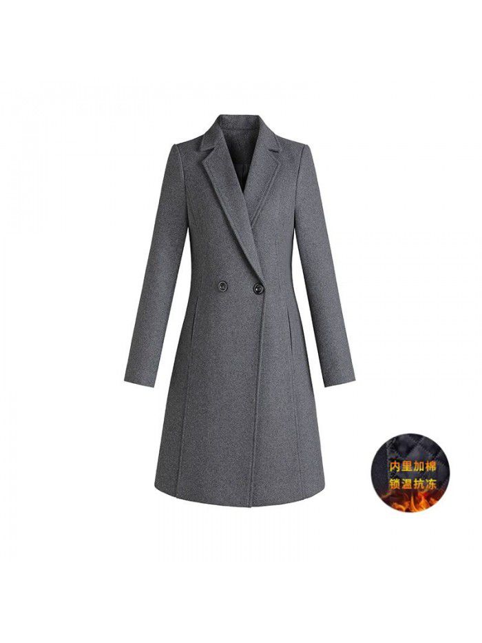 High end woolen coat, women's mid length winter thick cotton jacket, suit jacket