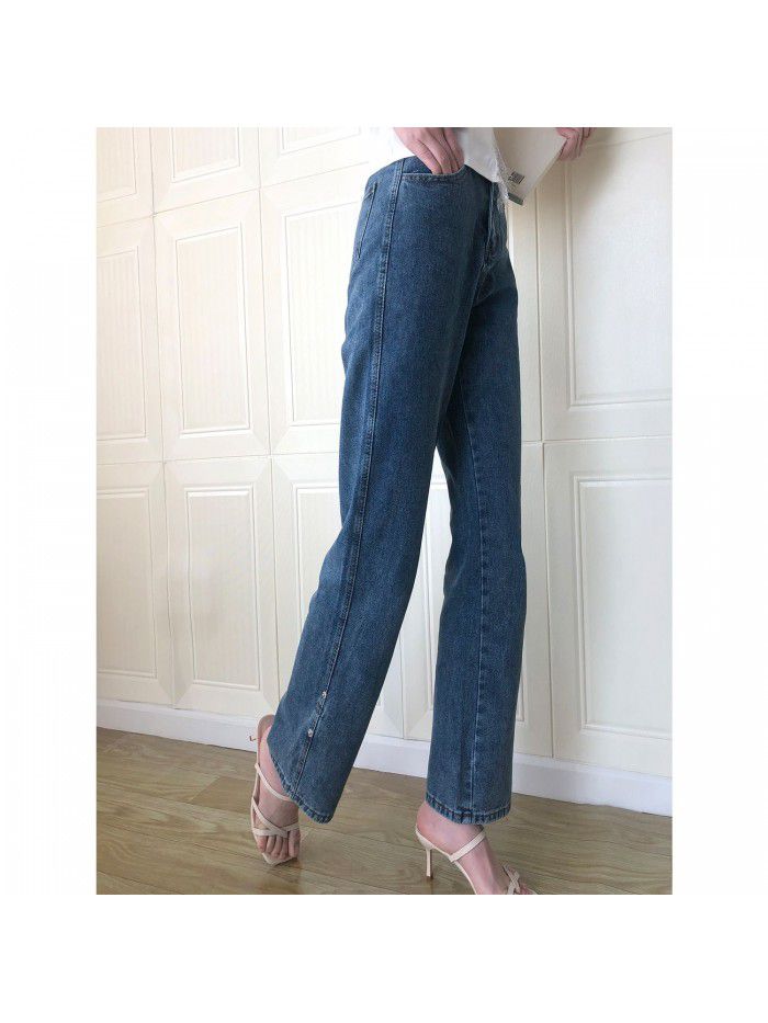 Spring/Summer New Pants Women's Curled Straight Leg Jeans High Waist Loose Autumn/Winter Slim Wide Leg Pants 