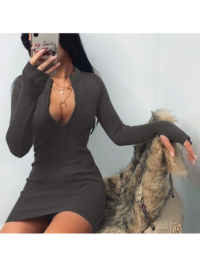 Autumn/Winter Trend Women's Long Sleeve Dress Versatile Neckline Zipper Sexy Slim Fit Wrap Hip Dress 