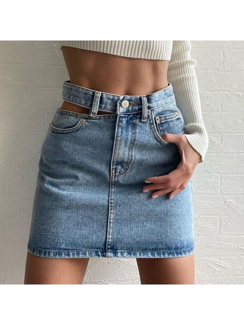 New Unilateral Hollow out Denim Skirt High Waist S...