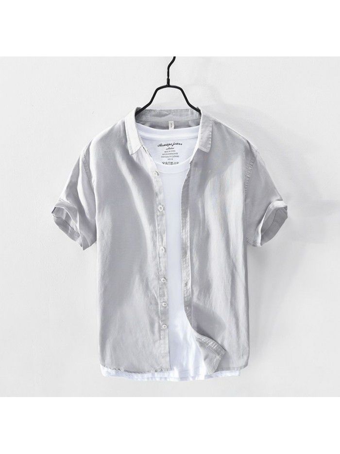 Summer casual simple cotton linen short sleeved men's shirt refreshing and fashionable men's shirt 