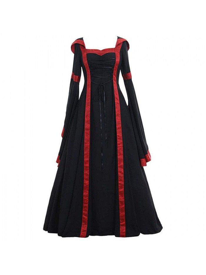 Retro Dress Square Neck Lace up Waist Flare Sleeve Halloween Dress 