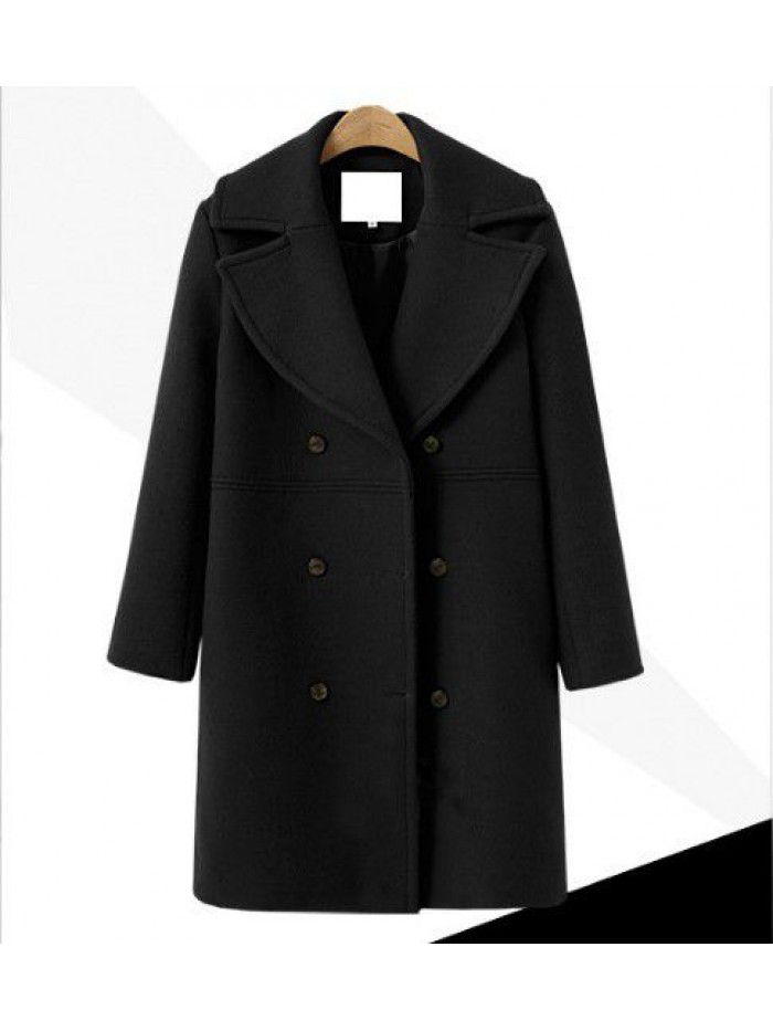 Autumn and winter women's woolen coat, women's double breasted medium length windbreaker, woolen coat