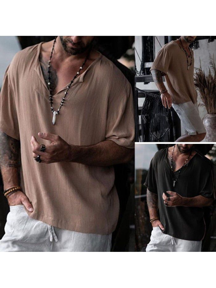 Summer Southeast Asia Street Fashion Men's V-Neck Shirt European and American Casual Loose Solid Neck Medium Sleeve T-shirt 