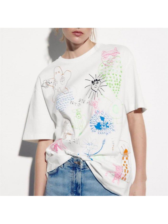 Summer Women's European and American Style Loose Colored Graffiti Print White Short Sleeve T-shirt Women 