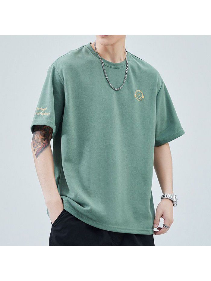 Summer New Embroidery Small Icon Short Sleeve T-shirt for Men's Loose Fashion Versatile Wear 