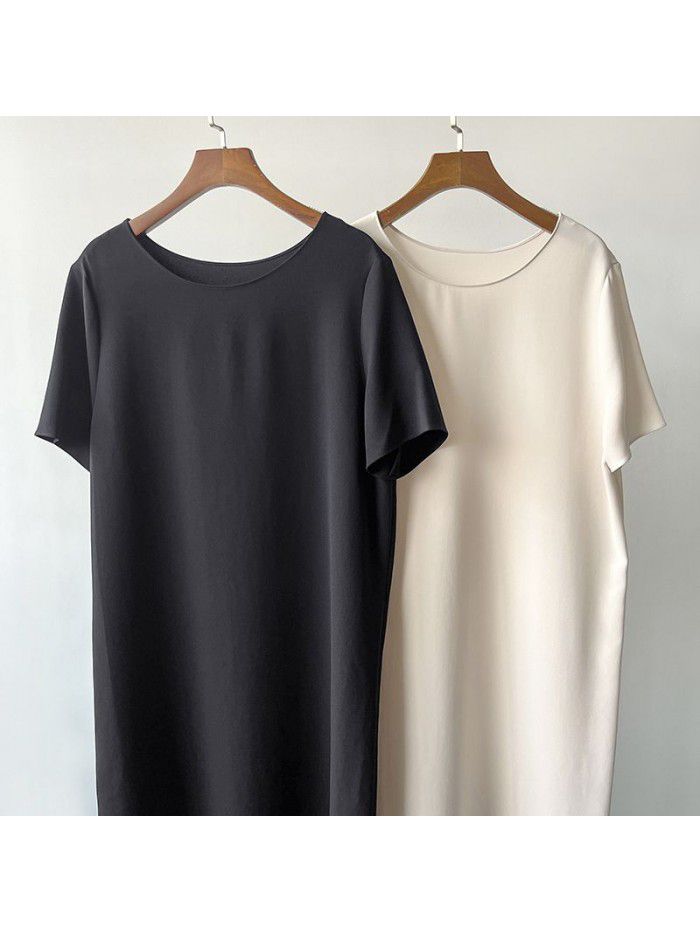 Women's Acetic Acid Short Sleeve Loose fitting Dress Mid length Simple Round Neck Long Dress 