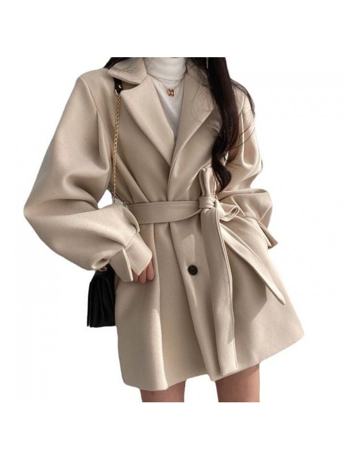 Thickened autumn and winter strapping temperament, small suit collar, medium length woolen women's coat jacket