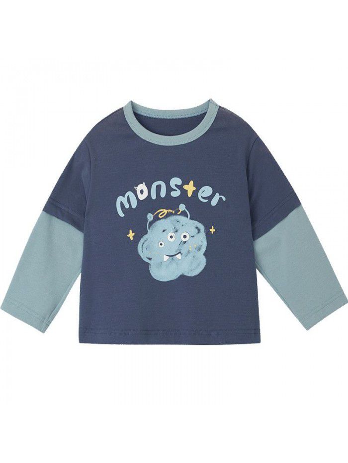 Autumn New Product Boys' T-shirt Children's Fake Two Piece Long Sleeve Inner Collar Colored Print Top Fashion 