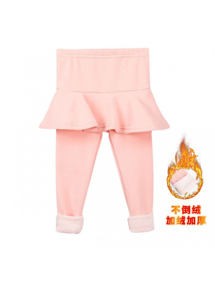 Fake two-piece leggings girls' skirt pants wear plush thickened children's thermal insulation trousers cotton in winter 