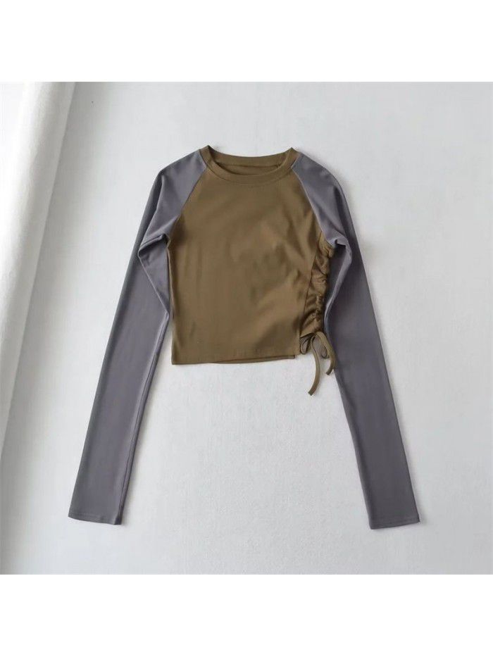 Fall side drawcord long-sleeved T-shirt sexy hot girl top new round neck contrast short bottom blouse women 