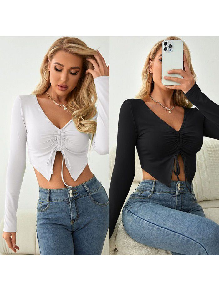 V-neck long sleeved drawstring slim fitting exposed navel top breathable pleated solid color simple sweet T-shirt Women's casual spring and autumn top 