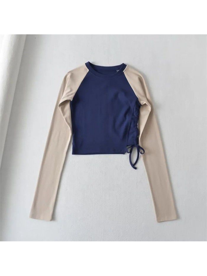 Fall side drawcord long-sleeved T-shirt sexy hot girl top new round neck contrast short bottom blouse women 