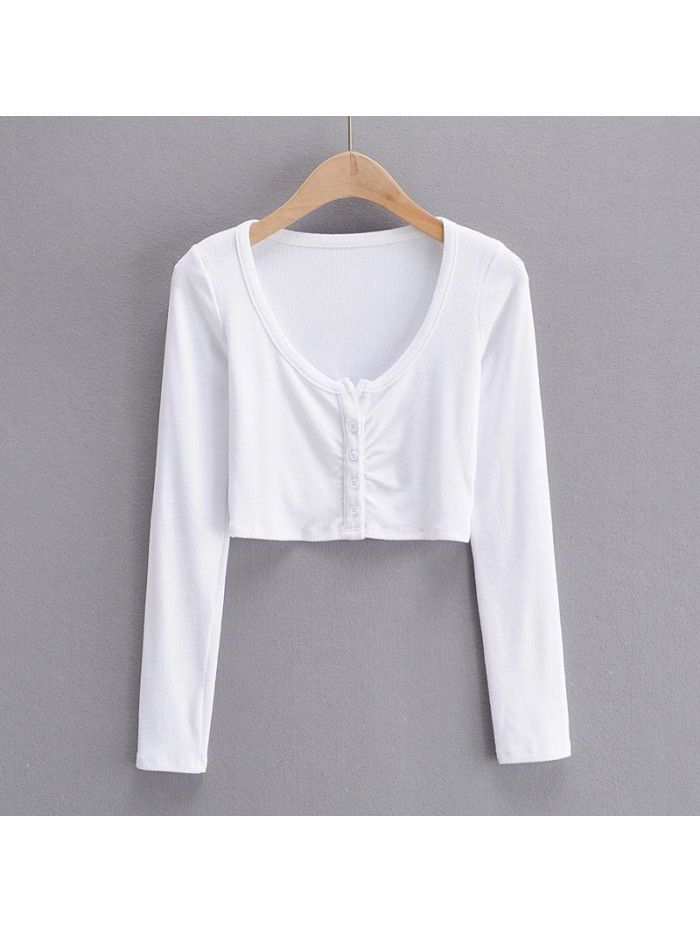 Autumn Spicy Girls Sexy Slim Fit Short Open Umbilical Pleated T-shirt Women's Tight Bottom Shirt Single breasted Top 