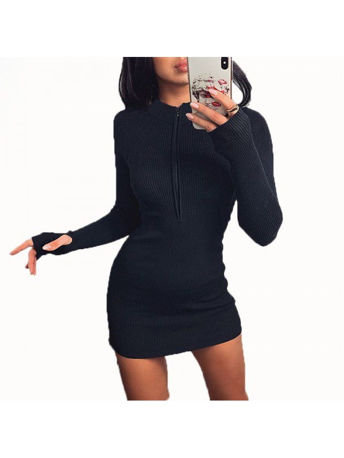 Autumn/Winter Trend Women's Long Sleeve Dress Versatile Neckline Zipper Sexy Slim Fit Wrap Hip Dress 
