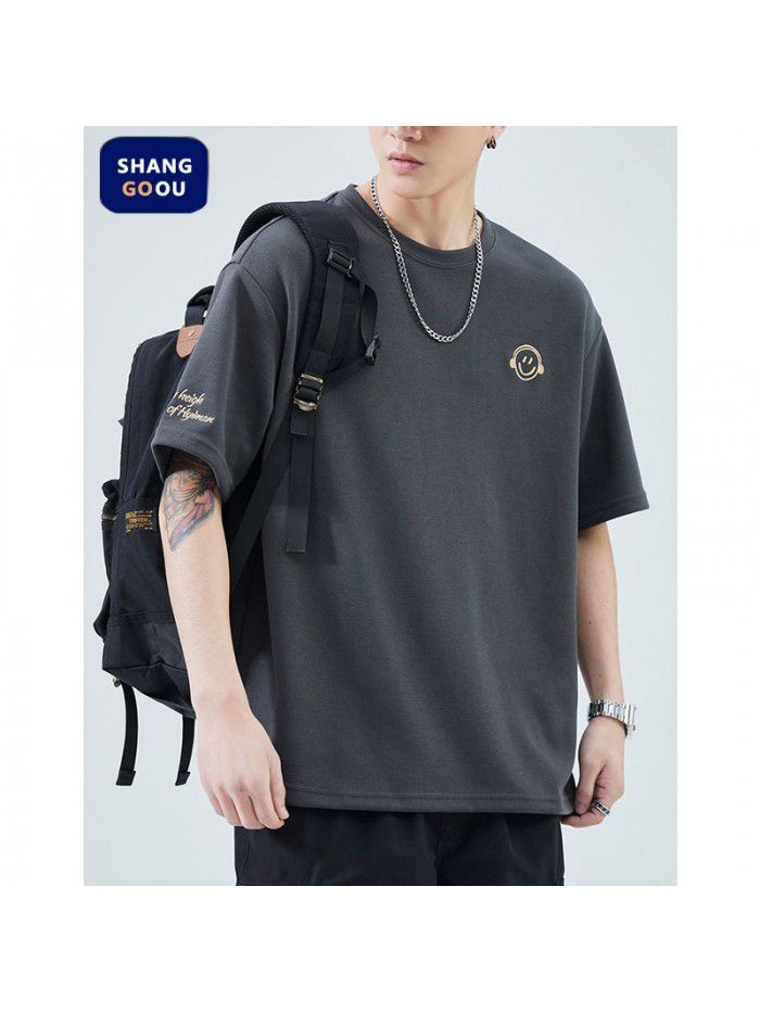 Summer New Embroidery Small Icon Short Sleeve T-shirt for Men's Loose Fashion Versatile Wear 